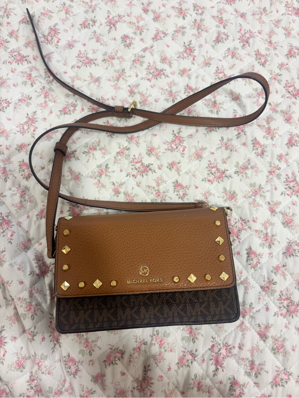 Michael Kors Tan and Dark Brown Studded Crossbody Bag